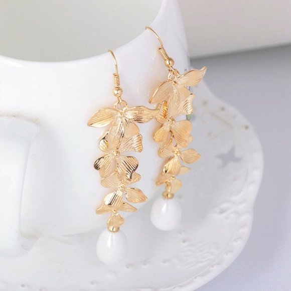 Elegant Gold Tone Orchid Drop Dangle Earrings - Picture 2 of 5